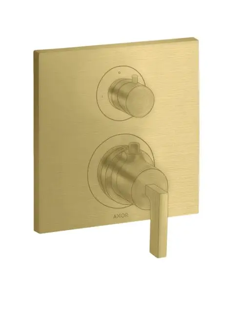 Brausearmatur mit zwei Drehreglern und einem Hebelgriff in gebürstetem Messing. Produkt von AXOR, für Unterputzmontage konzipiert.